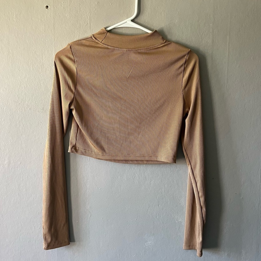 Tan Ribbed Long Sleeve Top With Asymmetric Cut Out Size Medium
